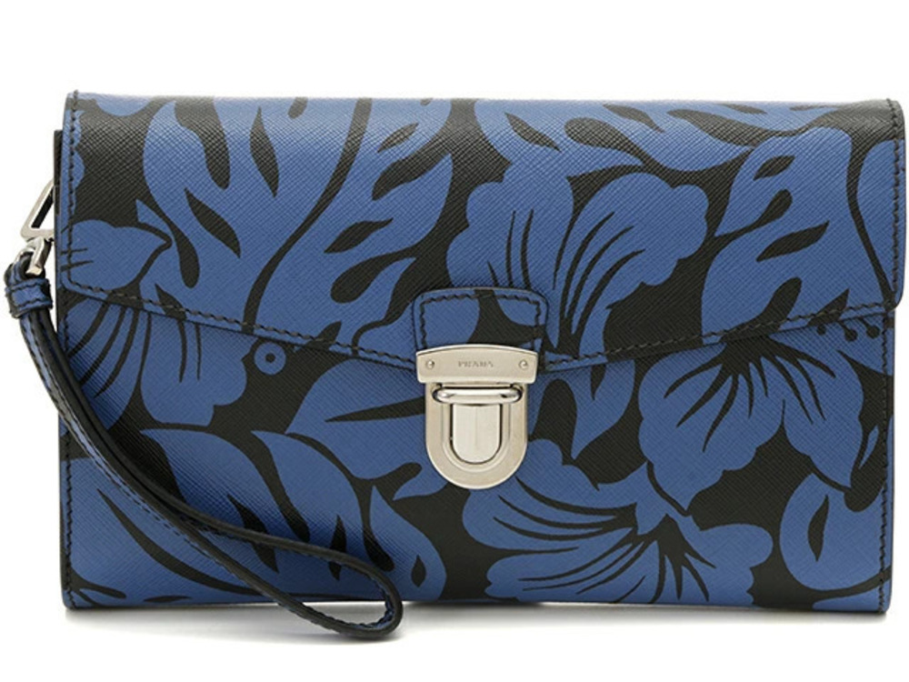 Prada Shoulder Bag Blue Black Hibiscus Saffiano